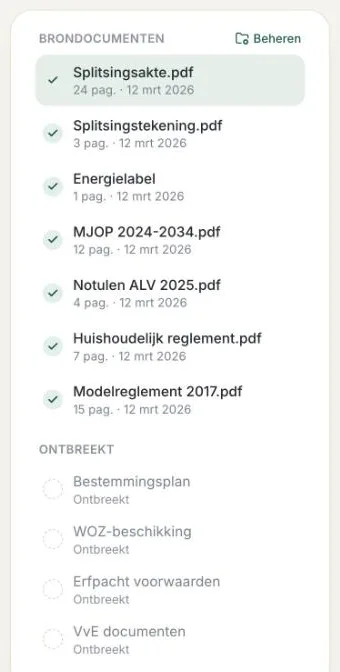 Lijst met VvE-stukken in een Huisdoc-dossier, met daaronder de stukken die nog ontbreken