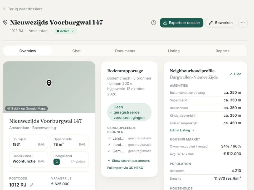 Overzicht van een voorbeelddossier in Huisdoc met BAG-gegevens, energielabel, bodem en buurtprofiel